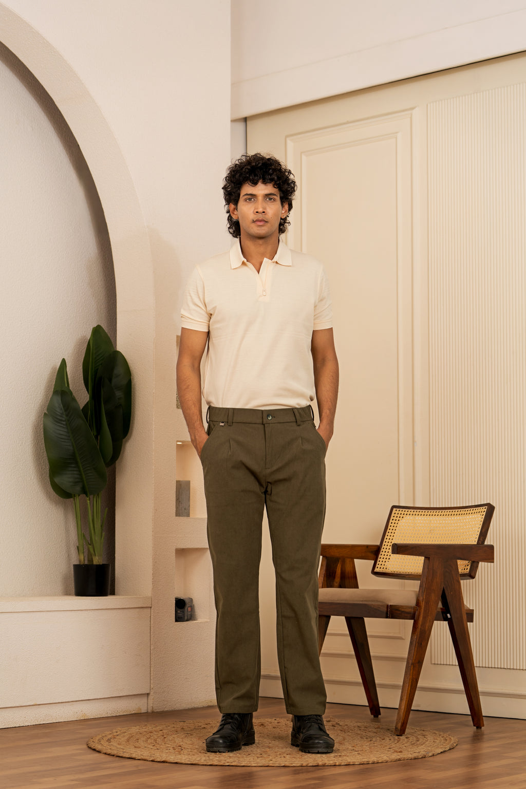 Beige Corduroy Self-Stretch Trousers