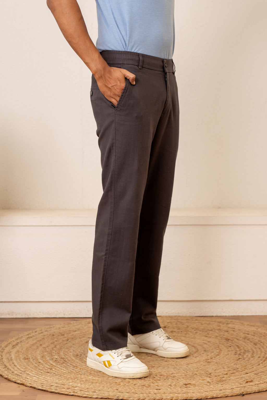 Gray Textured Cotton Travel Trousers