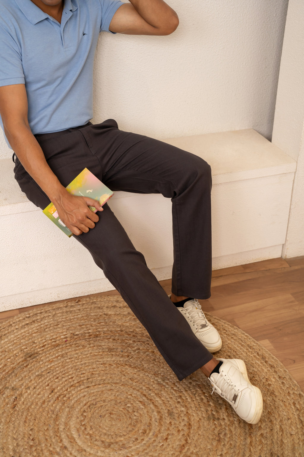 Gray Textured Cotton Travel Trousers
