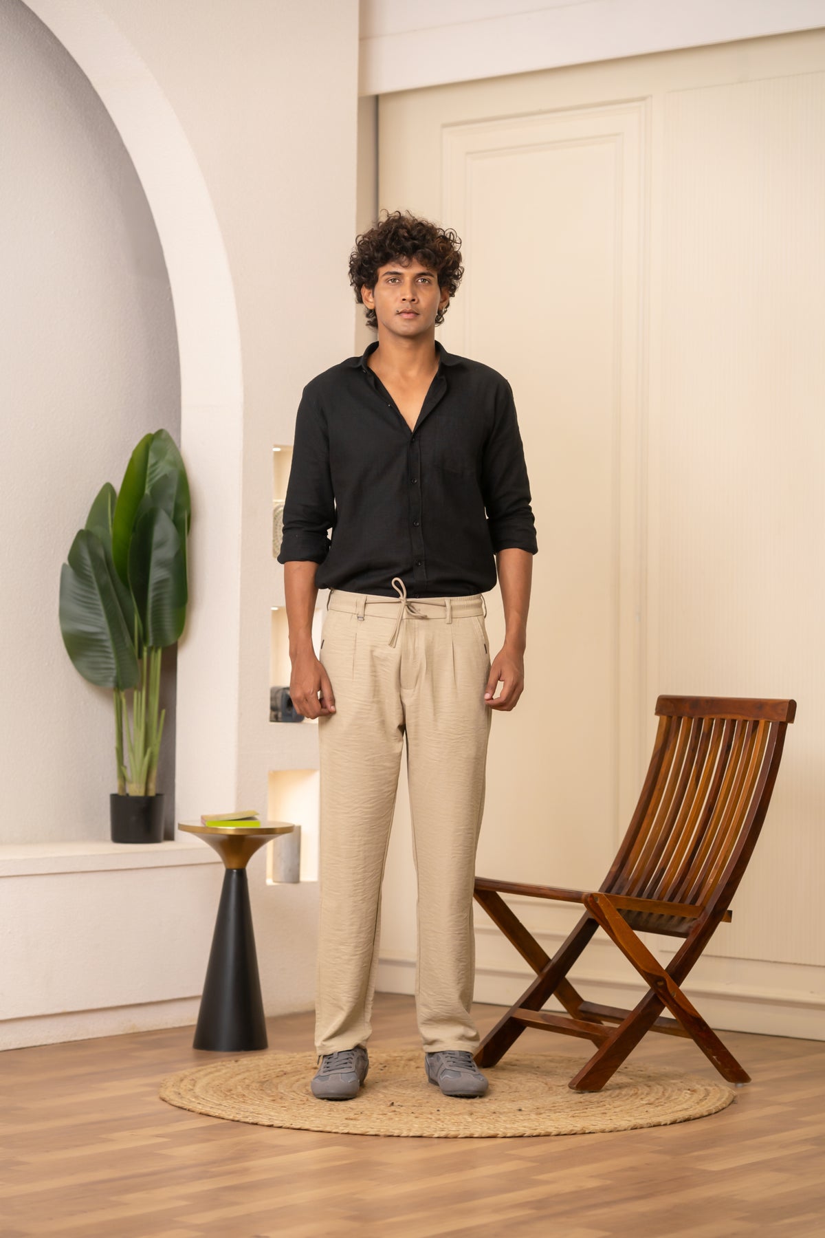 Beige Pleated Relaxed Trousers