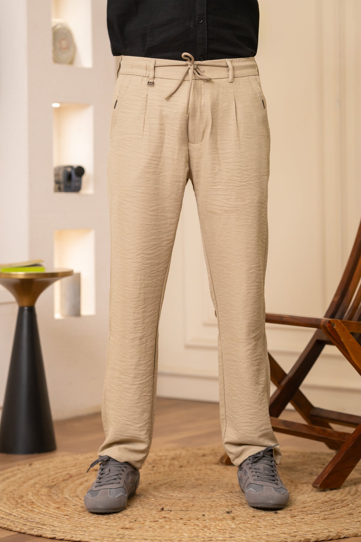 Beige Pleated Relaxed Trousers
