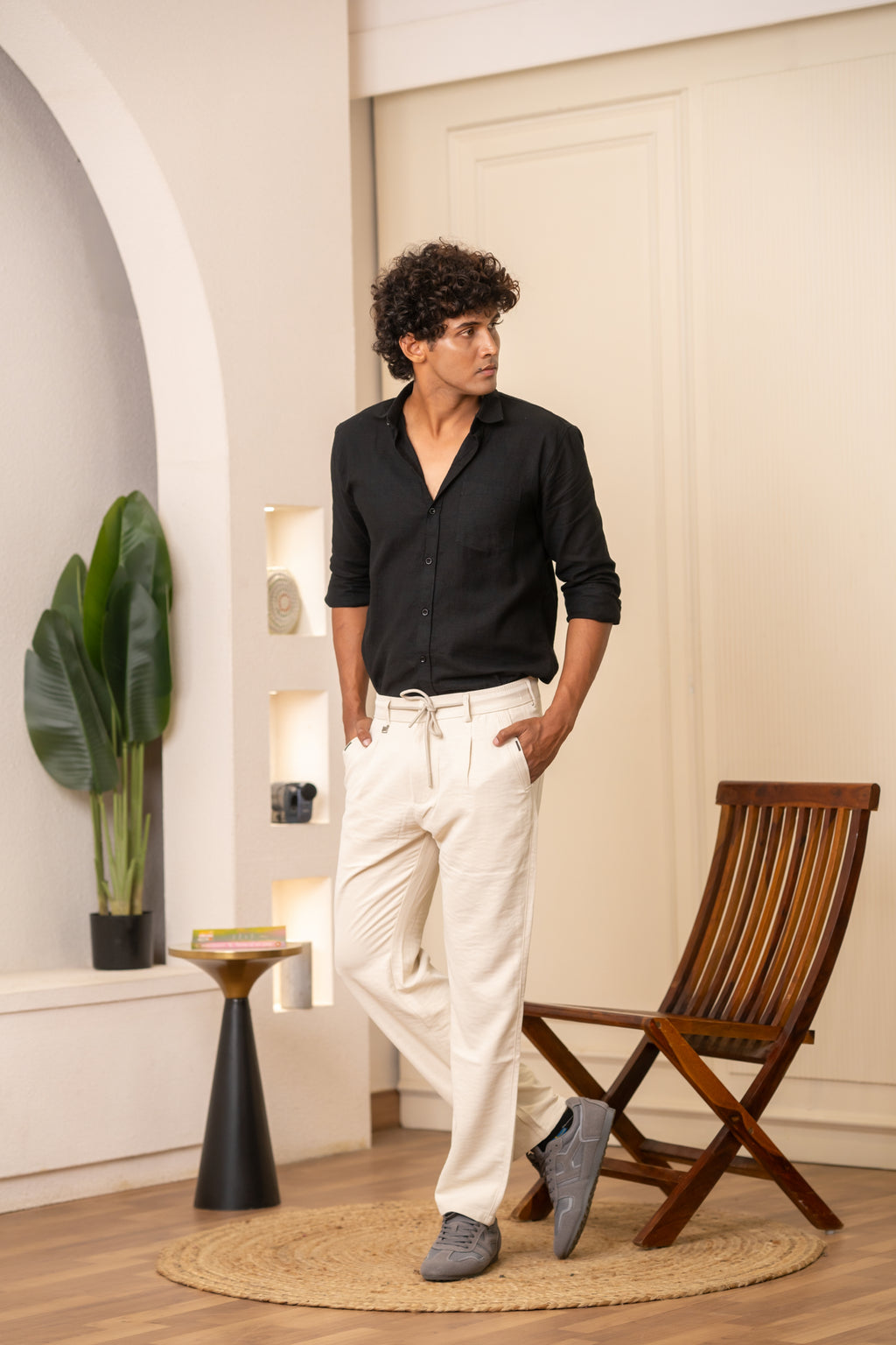 Cream Pleated Relaxed Trousers
