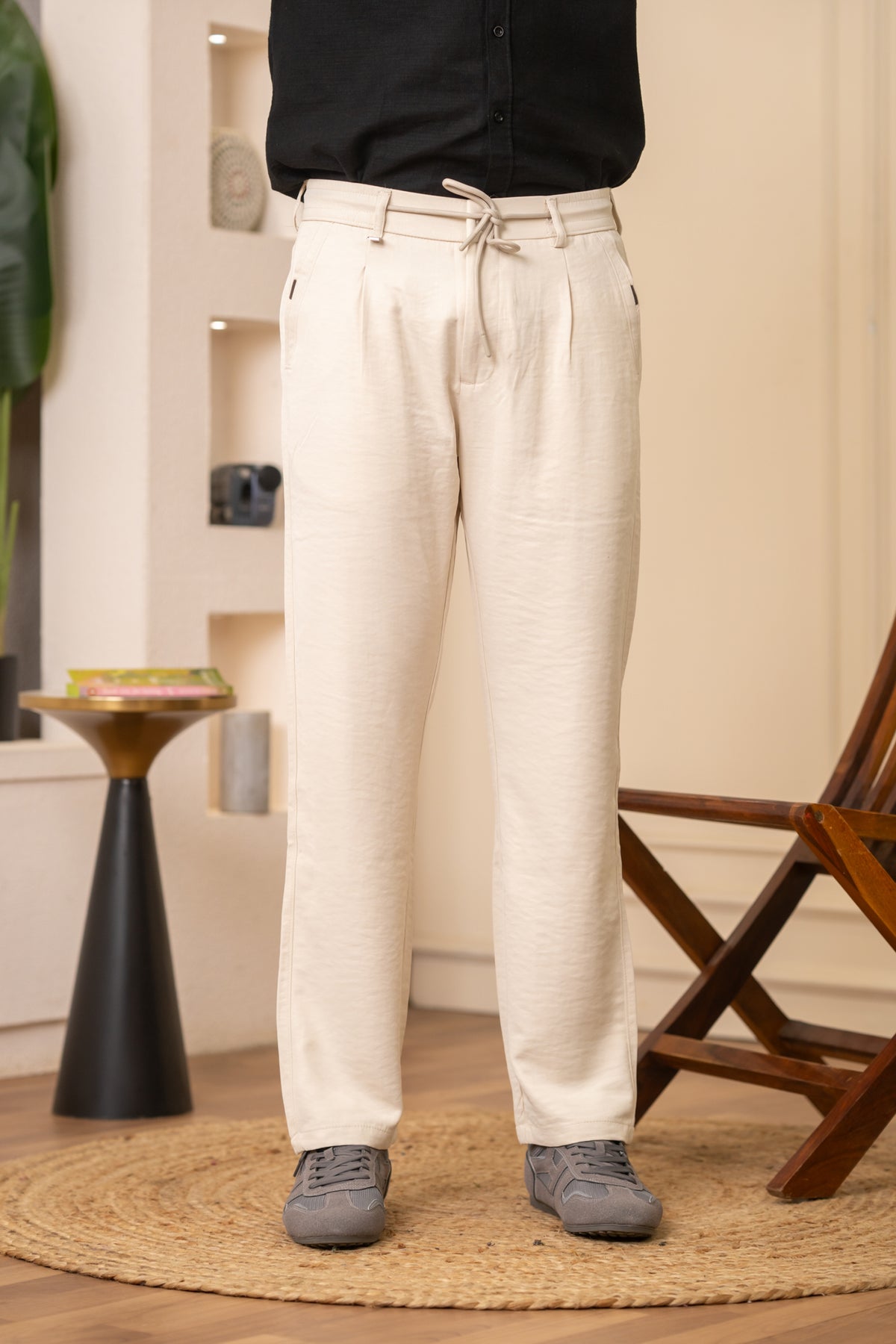 Cream Pleated Relaxed Trousers