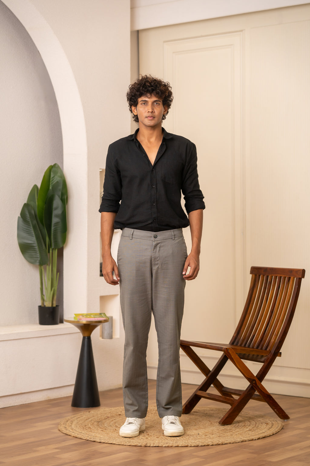 Cream Textured Cotton Travel Trousers