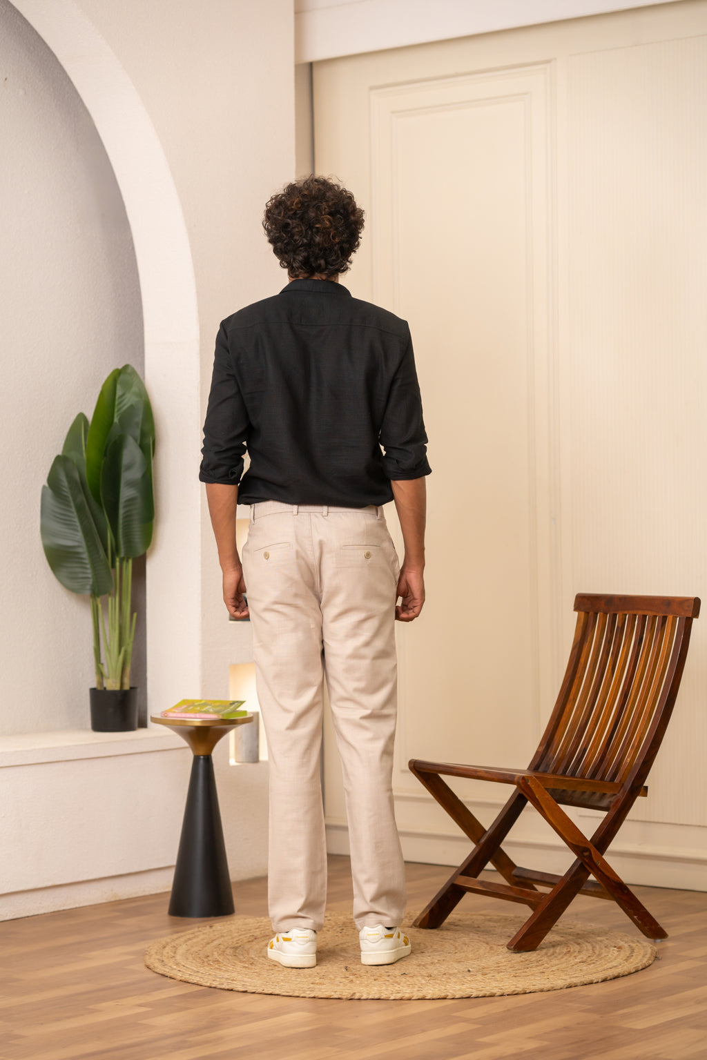 Cream Textured Cotton Travel Trousers
