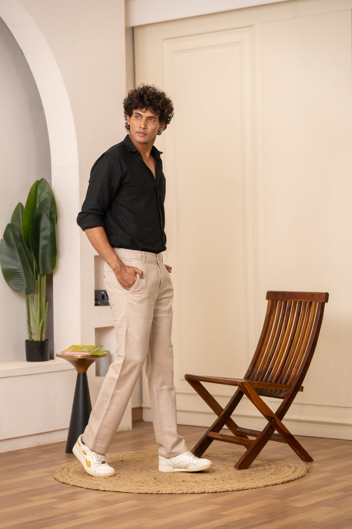 Cream Textured Cotton Travel Trousers