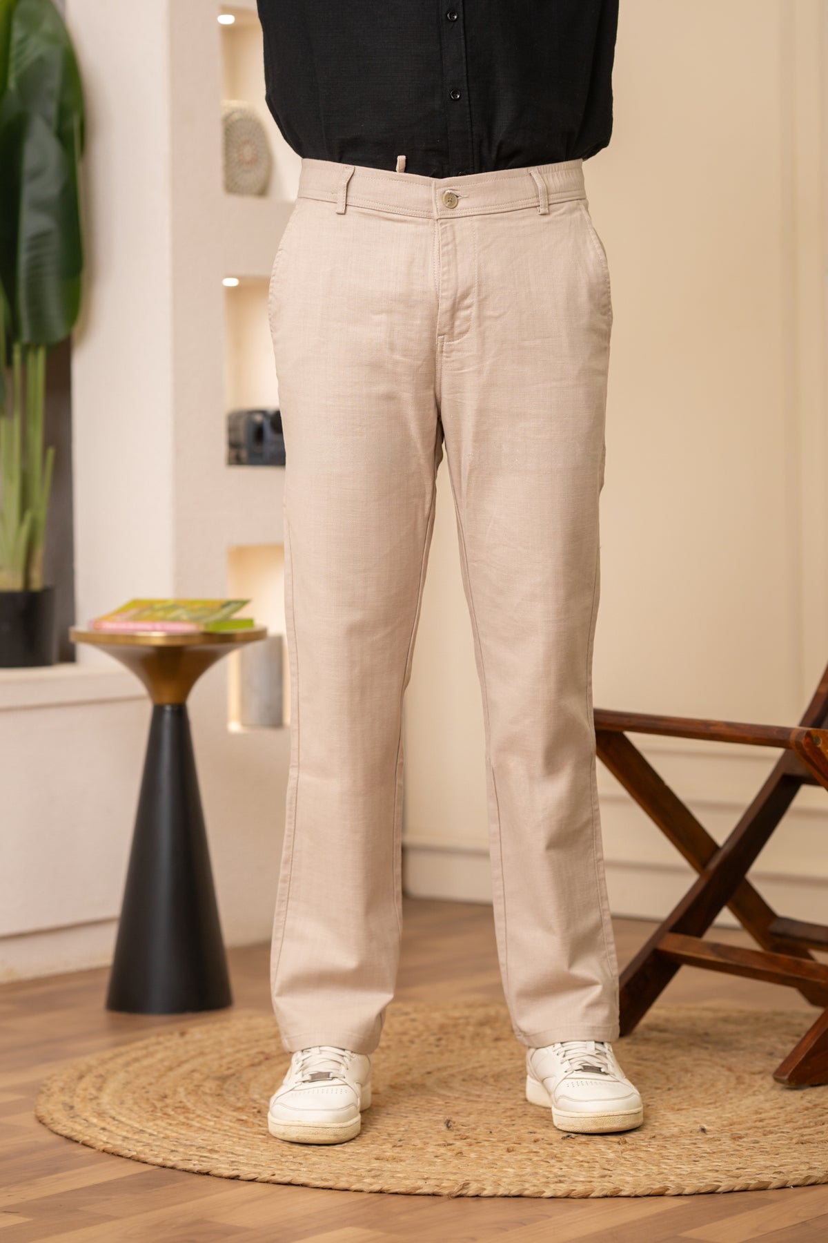 Cream Textured Cotton Travel Trousers