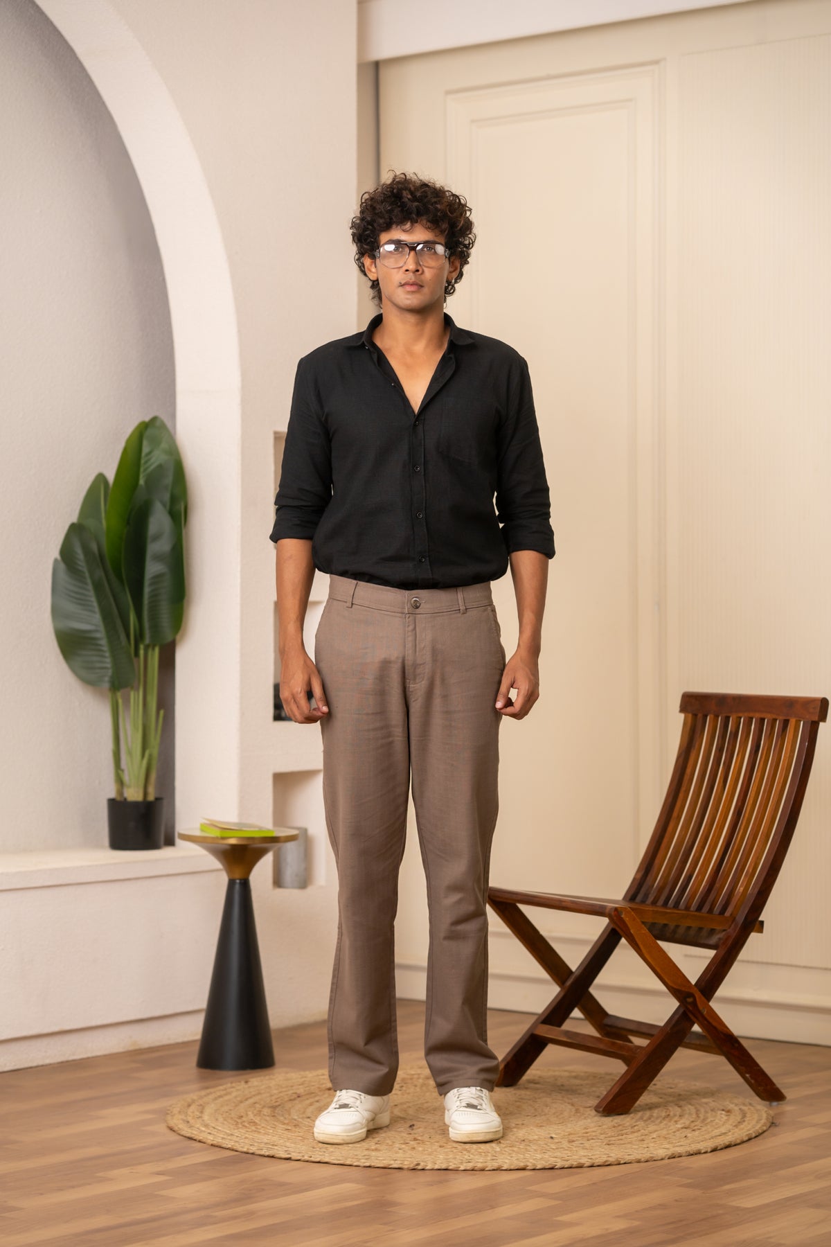 Cream Textured Cotton Travel Trousers