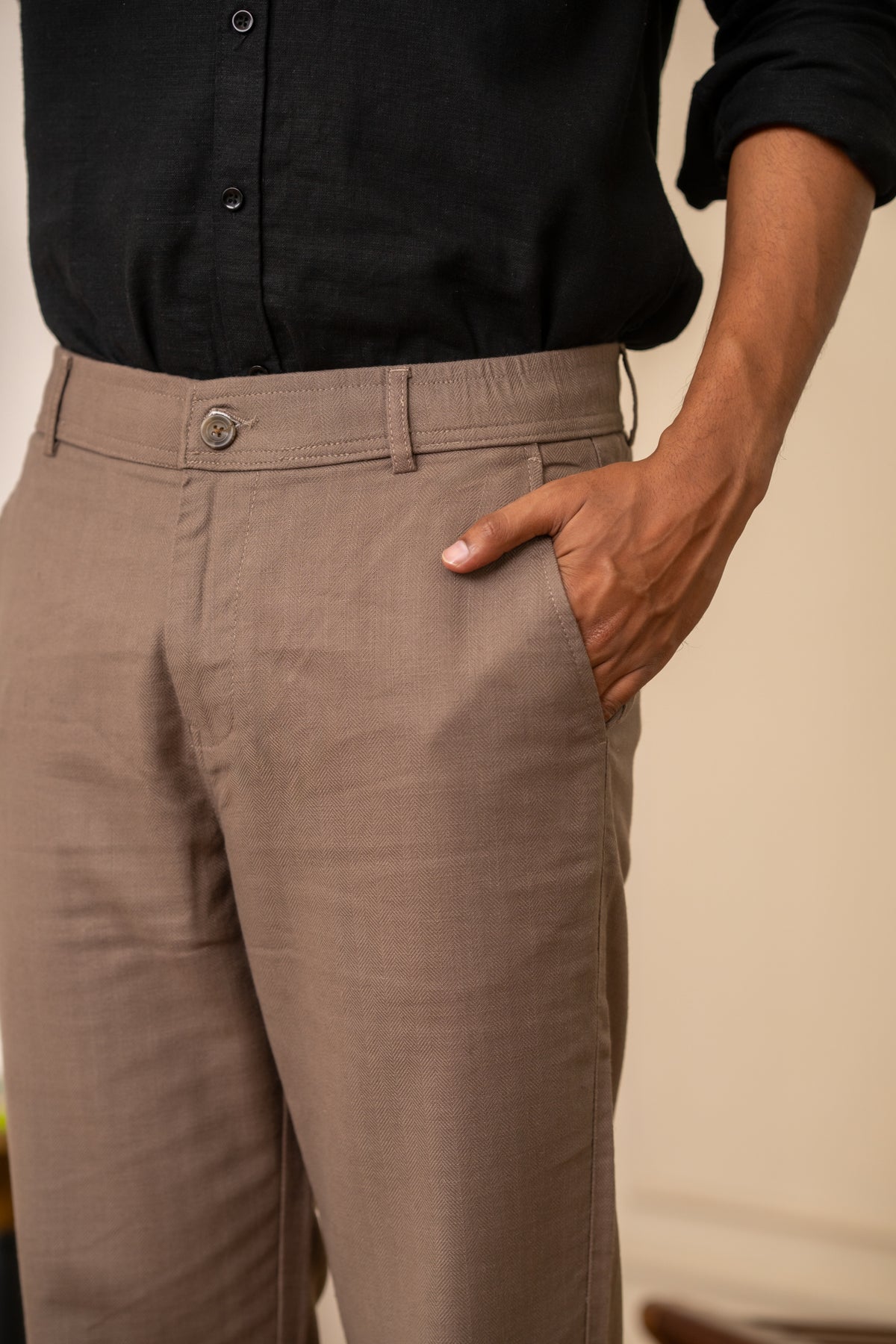 Brown Textured Cotton Travel Trousers