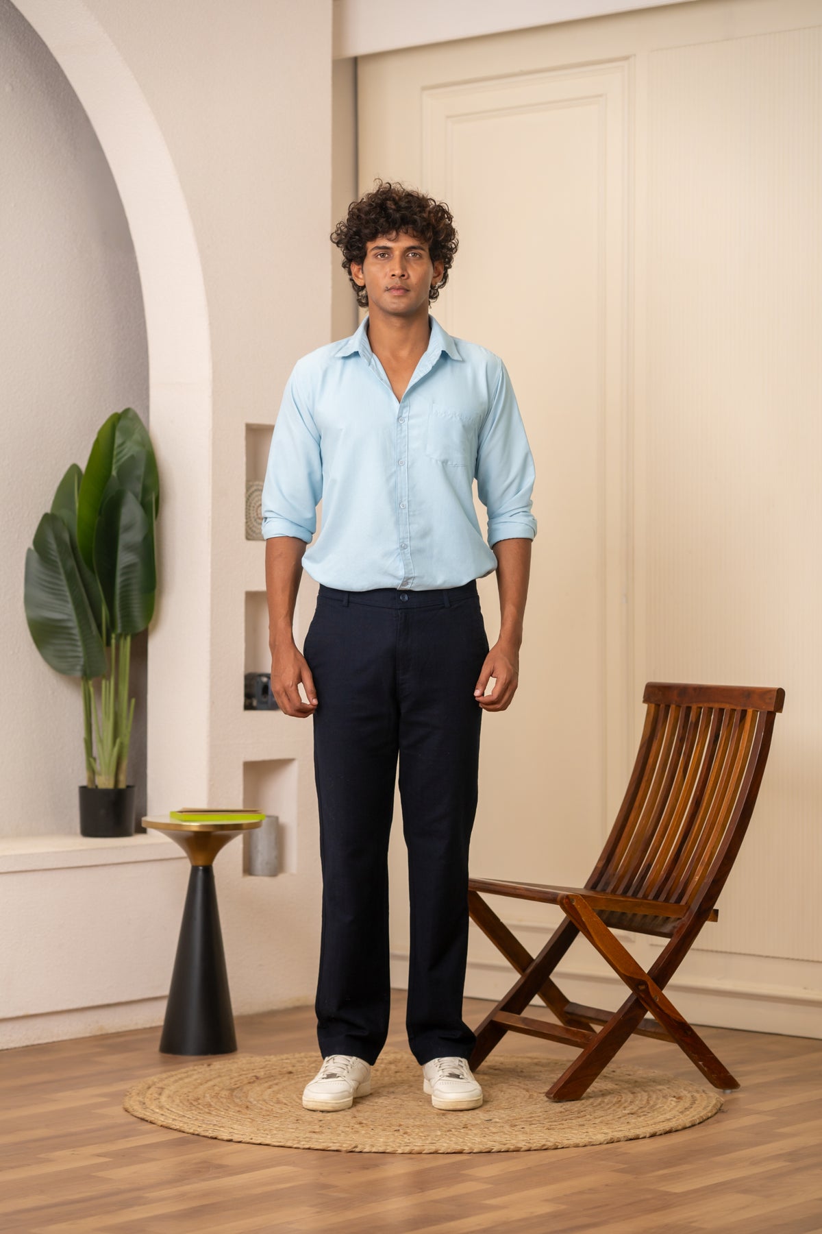 Navy Textured Cotton Travel Trousers