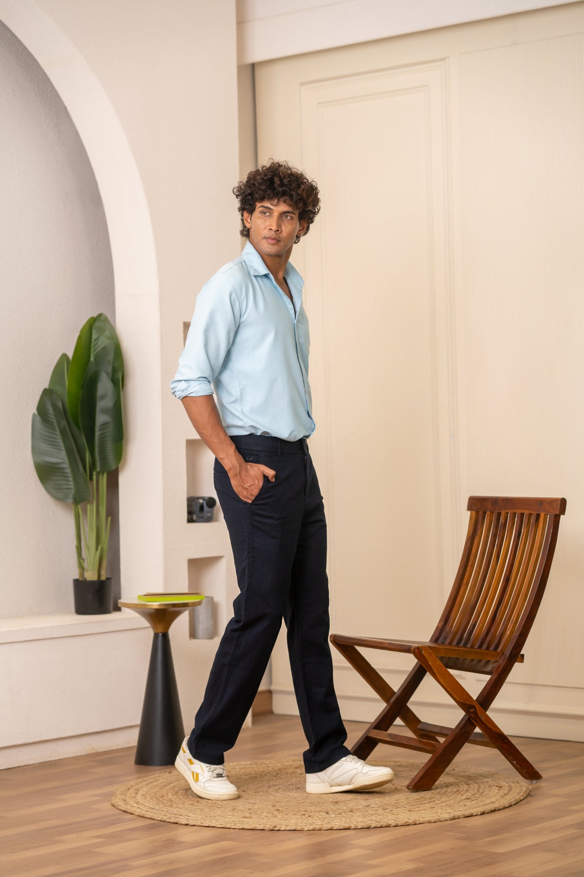 Navy Textured Cotton Travel Trousers